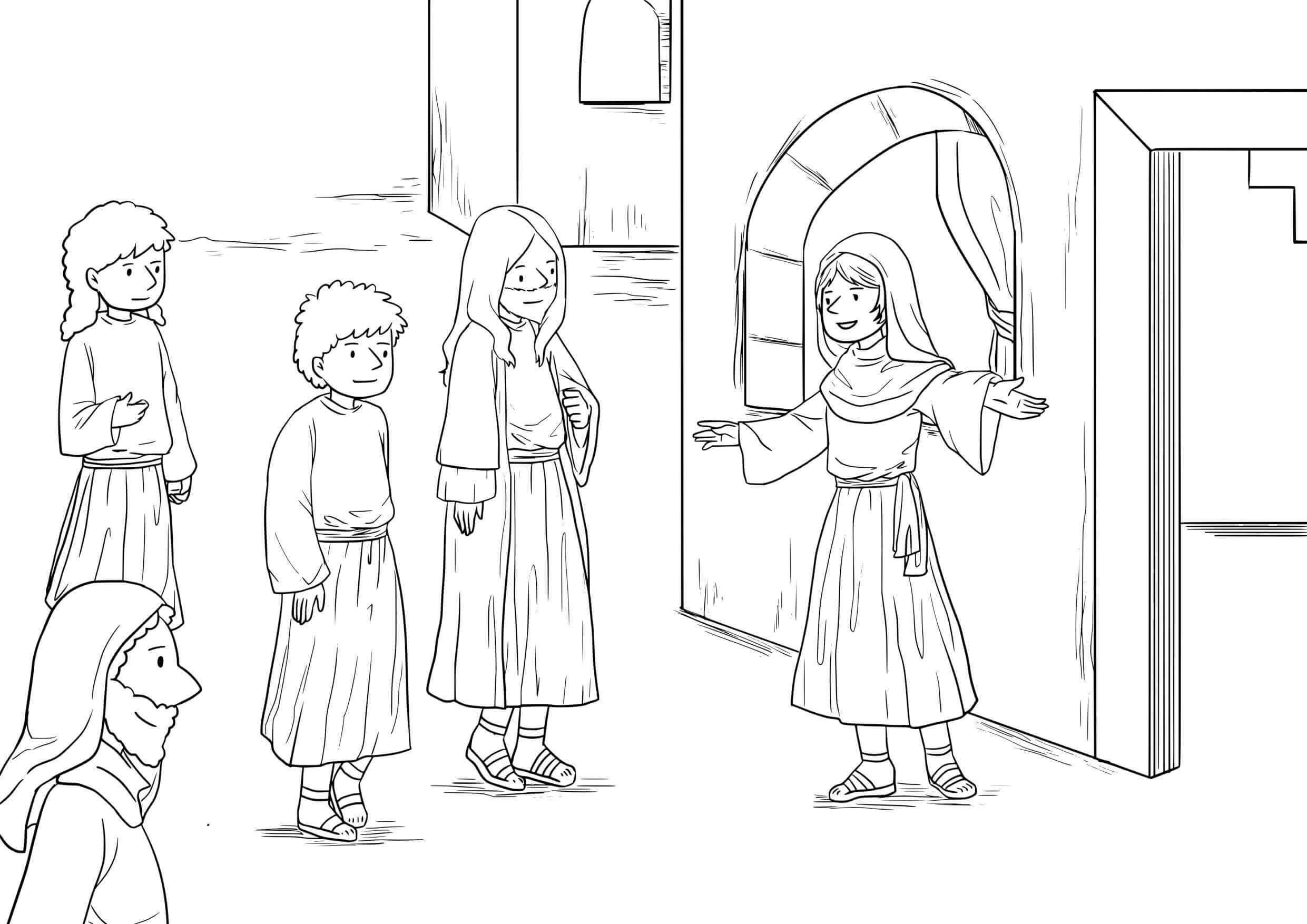 Coloriage Marthe et Marie écoutant l'enseignement - Jésus à imprimer