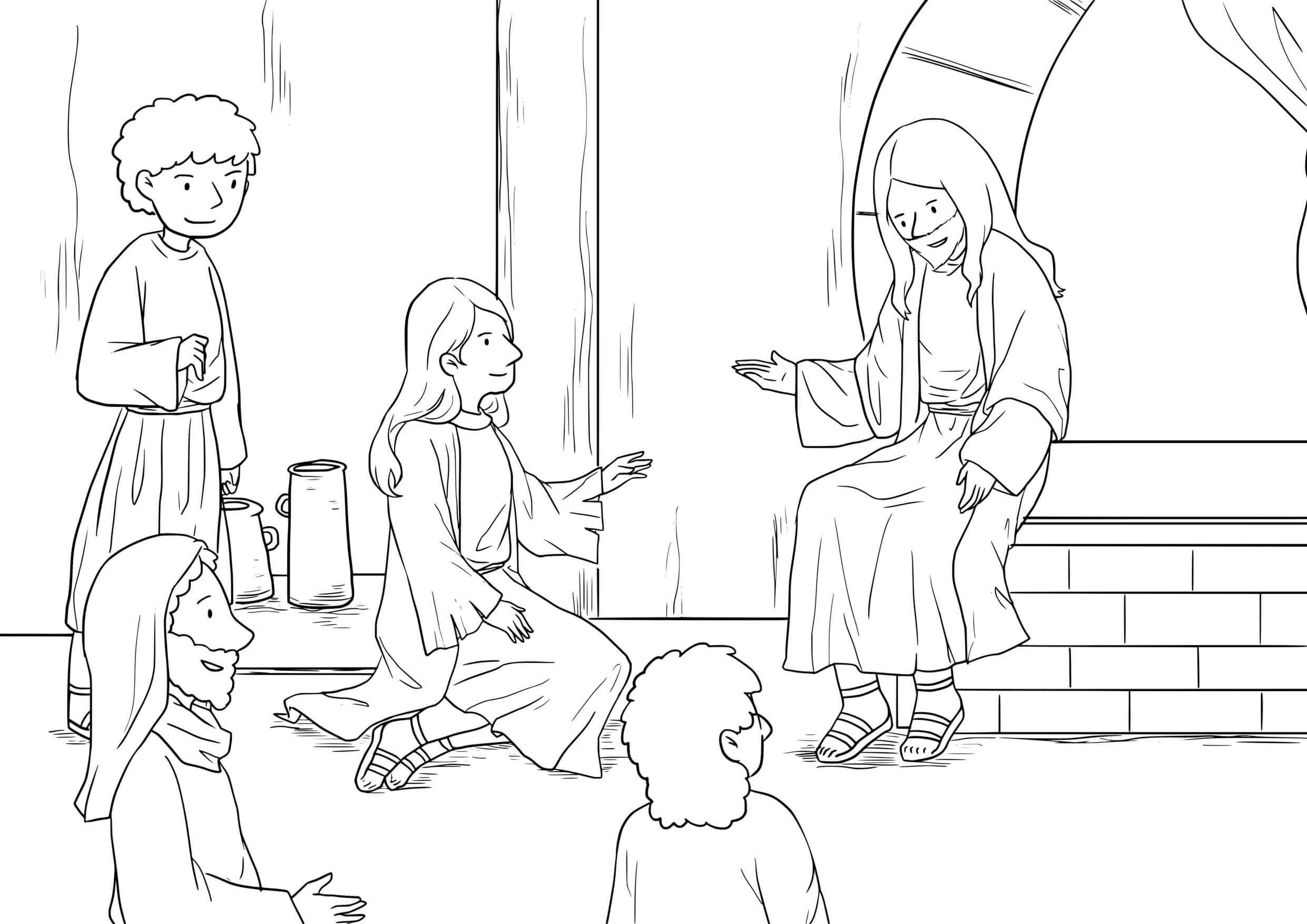 Coloriage Marthe et Marie en moment de grâce - Jésus à imprimer