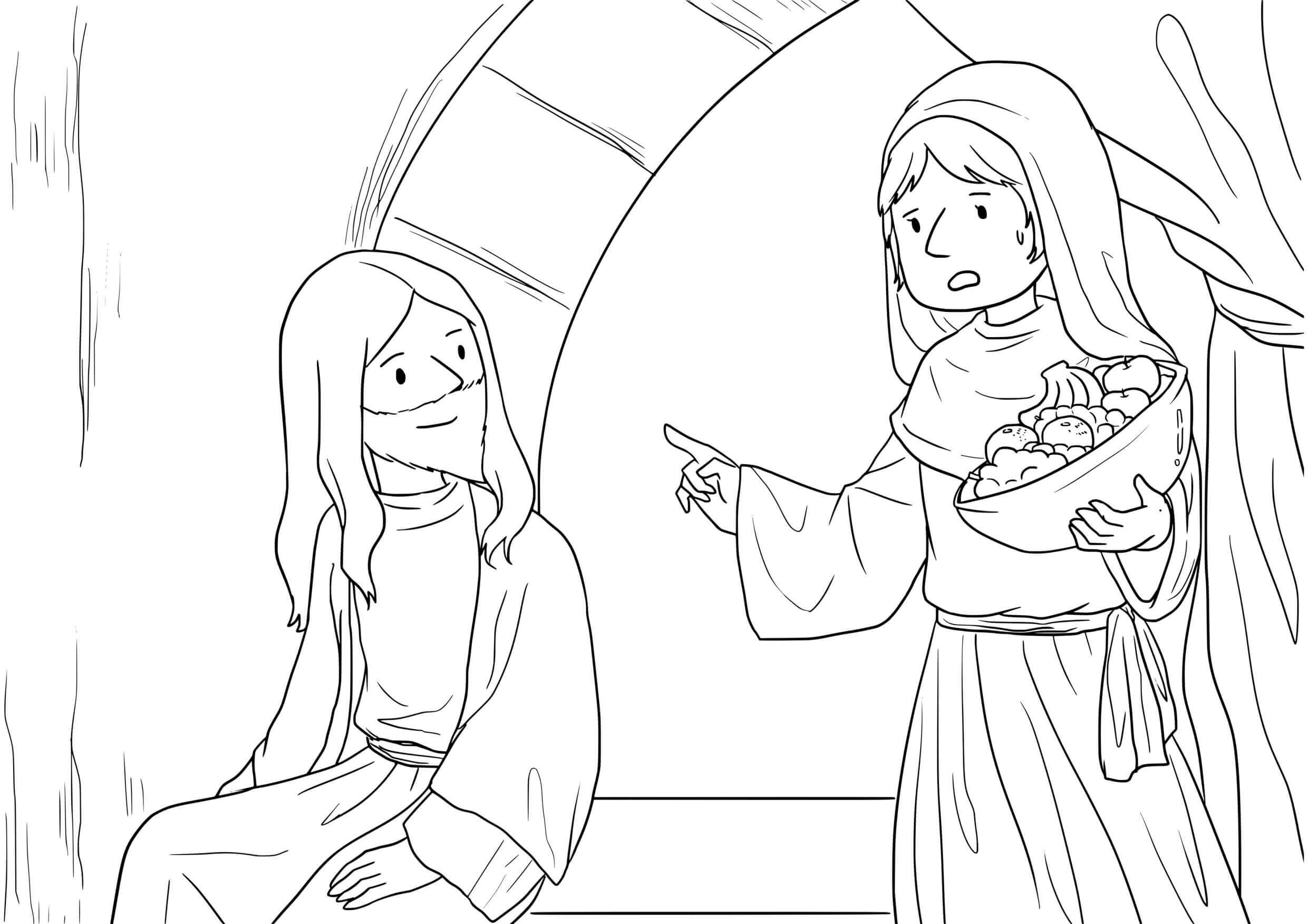 Coloriage Marthe et Marie écoutant Jésus - Jésus à imprimer