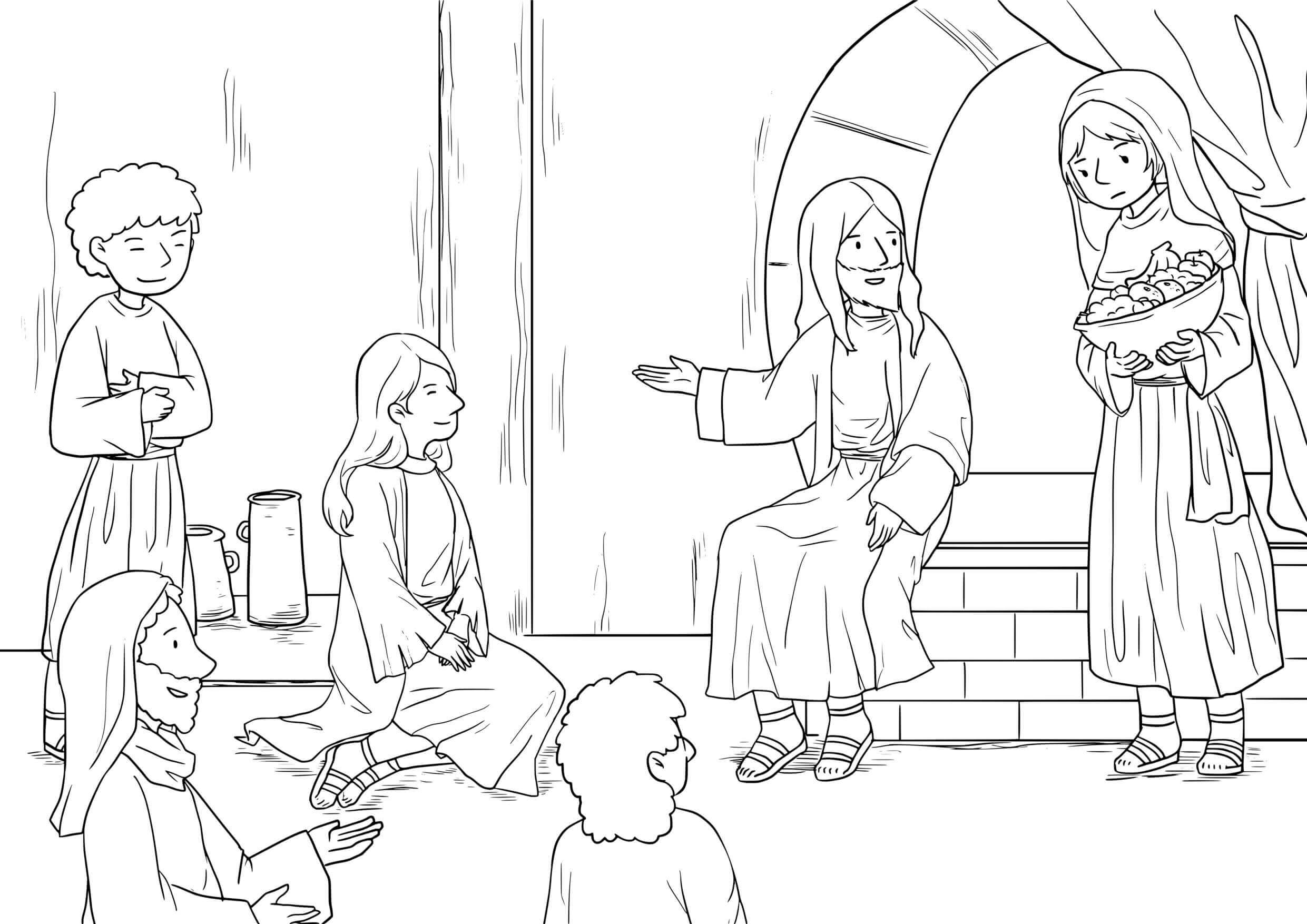 Coloriage Marthe et Marie aux pieds du Seigneur - Jésus à imprimer