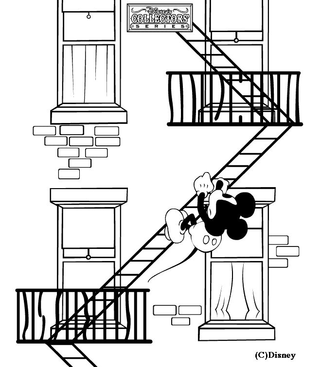 Coloriage Mickey Dans Les Escaliers De Secours - Alphabet disney à imprimer