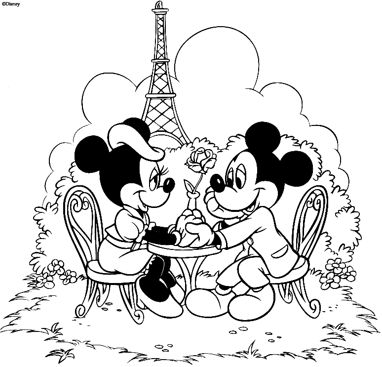 Coloriage Mickey Et Minnie En Amoureux A Paris - Minnie à imprimer