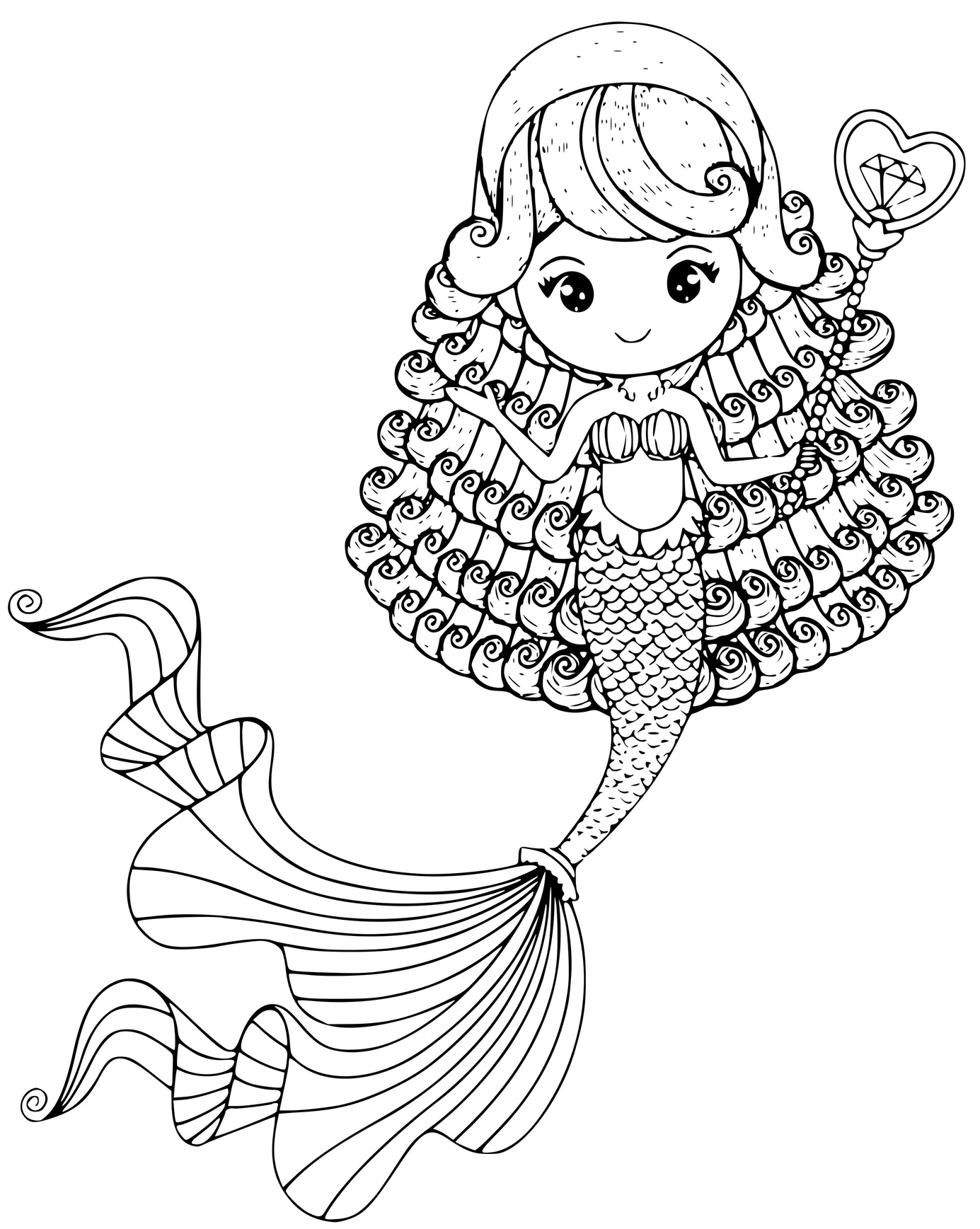 Coloriage Mignonne Petite Sirène A La Longue Queue - Sirène à imprimer