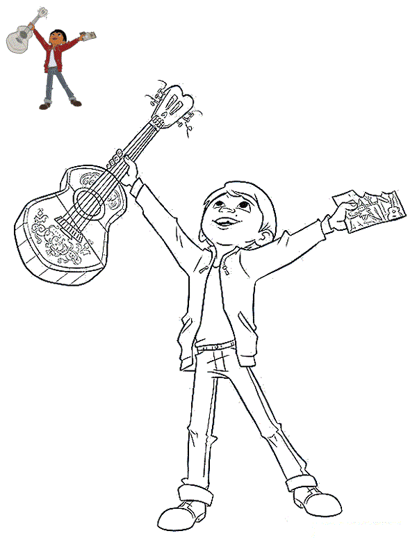 Coloriage Miguel Rivera Guitariste Cherche Son Idole - Coco Disney à imprimer