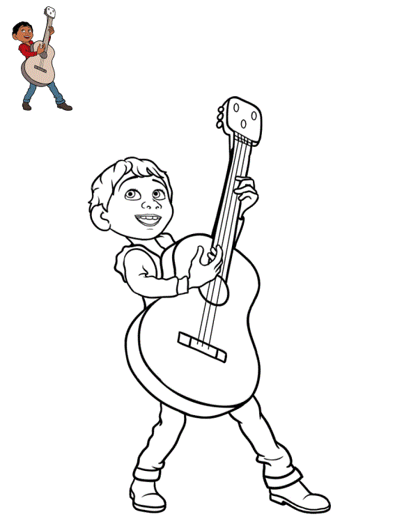 Coloriage Miguel Rivera Joue La Guitare - Coco Disney à imprimer