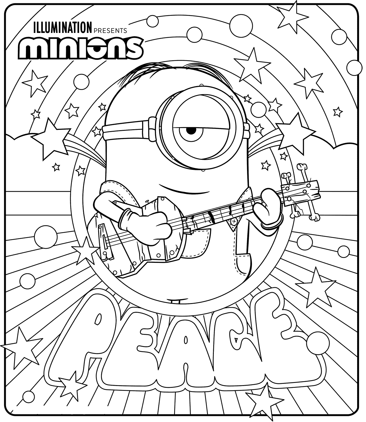 Coloriage Minions 2 Joue Une Chanson De Paix Avec Sa Guitare - Minions à imprimer