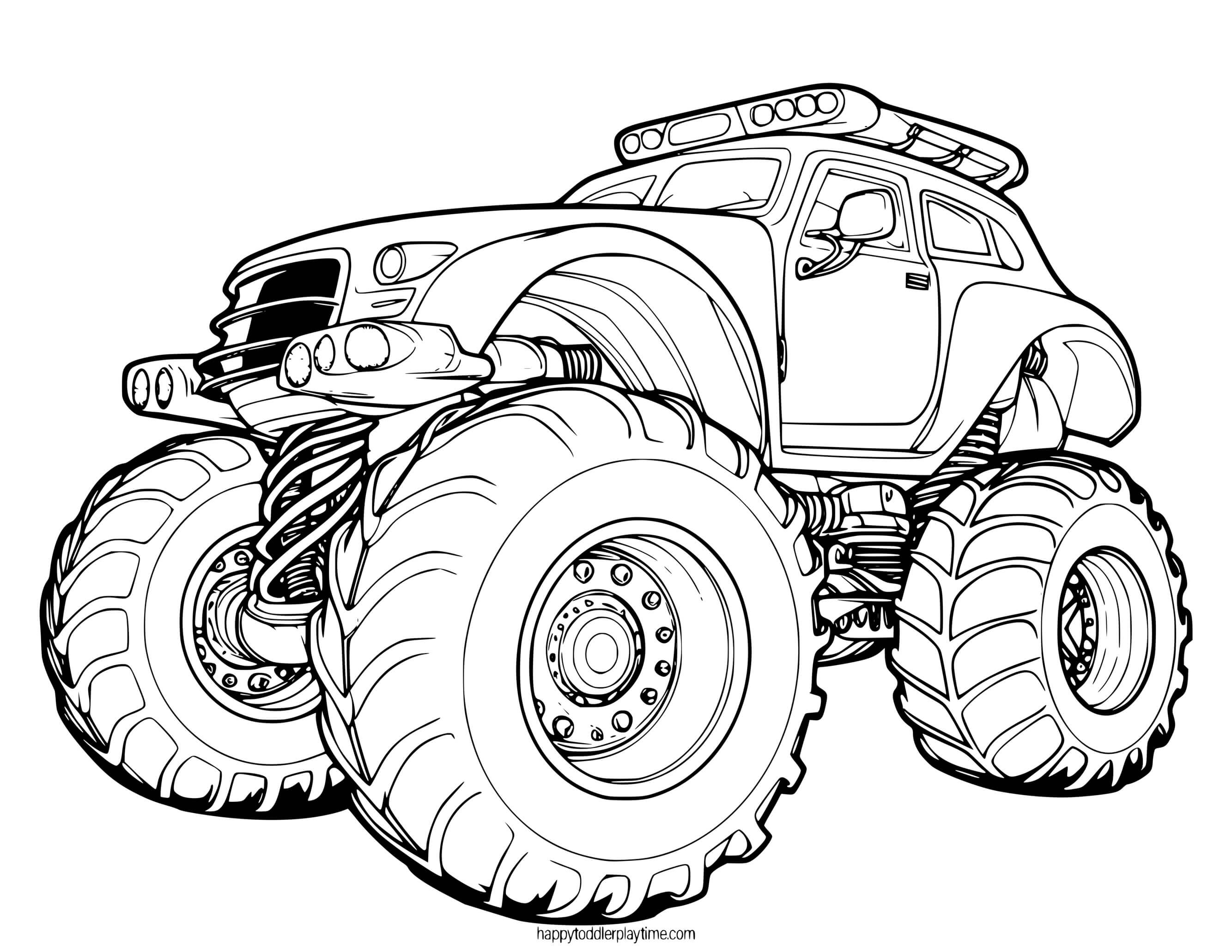 Coloriage Monster Truck Grosse Roues Beaucoup De Lumières - Monster truck à imprimer