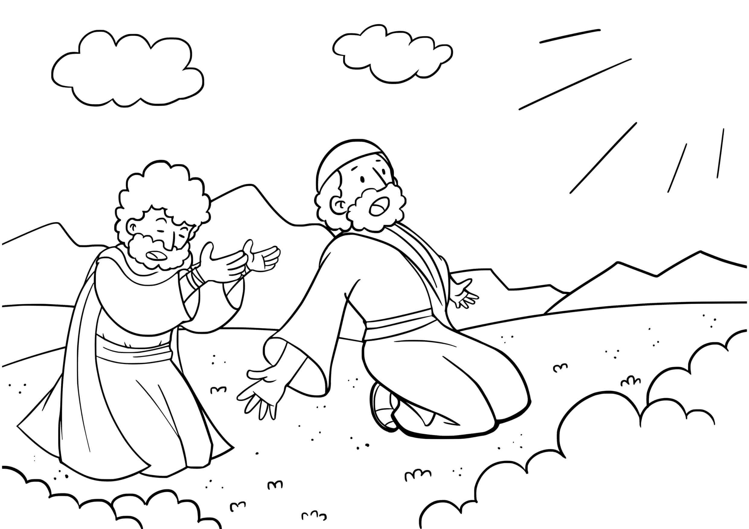Coloriage Moïse Fait Jaillir l'Eau du Rocher - Jésus à imprimer
