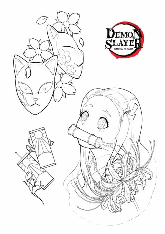 Coloriage Nezuko And Masks Démon Slayer - Demon slayer à imprimer