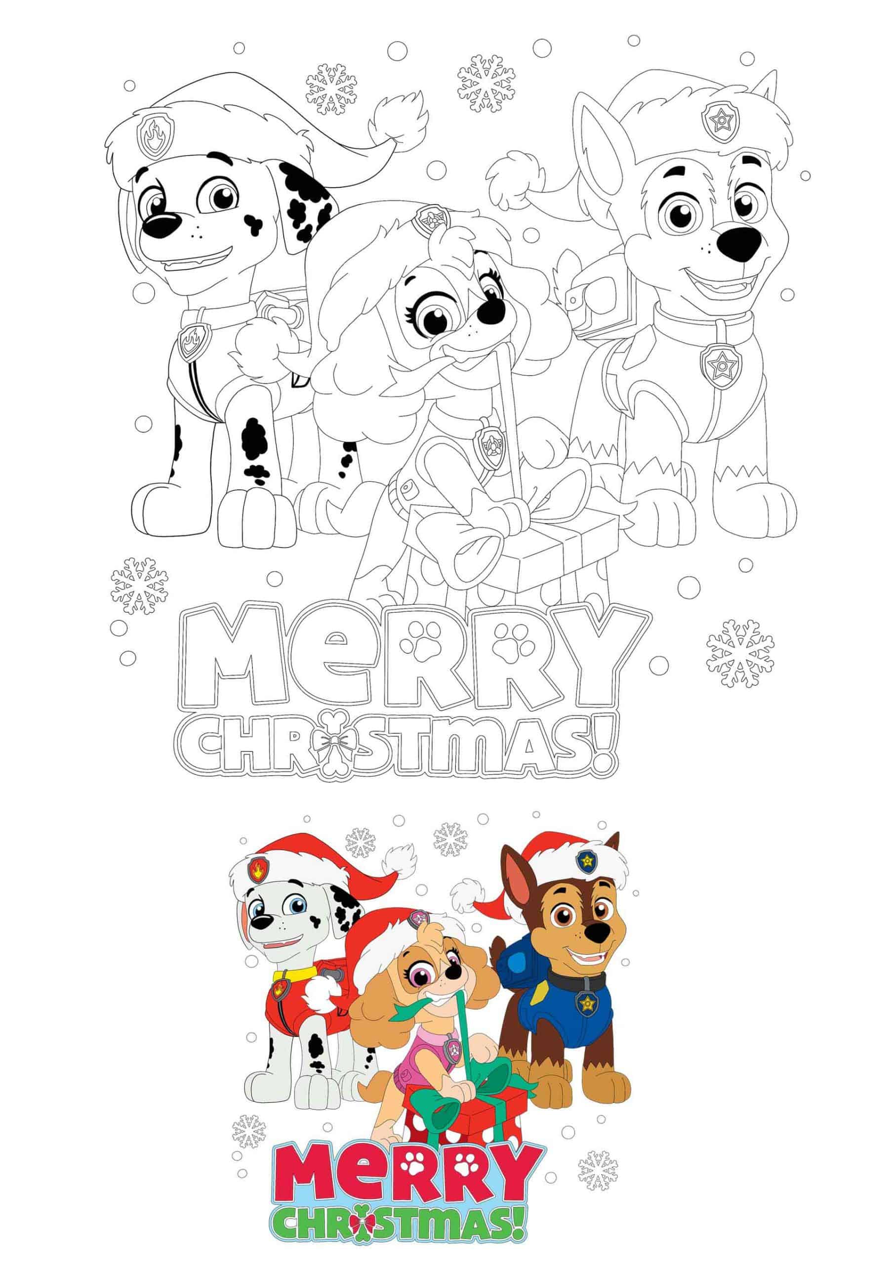Coloriage Noël à la Pat Patrouille avec les chiots - Paw patrol à imprimer