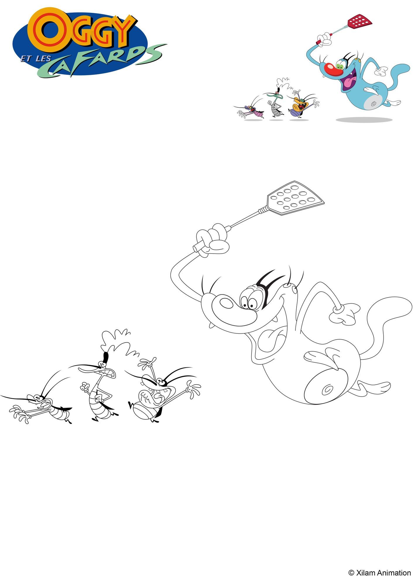 Coloriage Oggy Poursuit Les Cafards - Gulli à imprimer