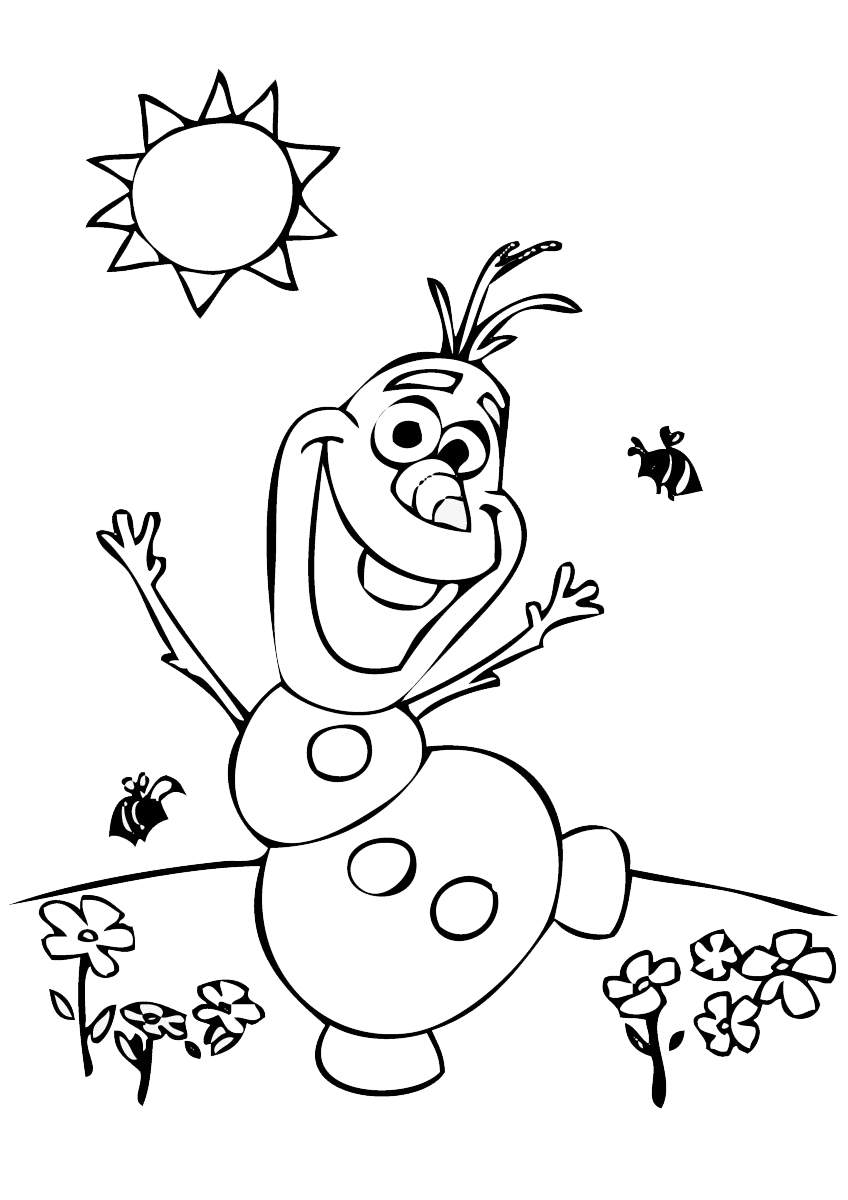 Coloriage Olaf Au Soleil Avec Des Fleurs Et Abeilles - Olaf à imprimer