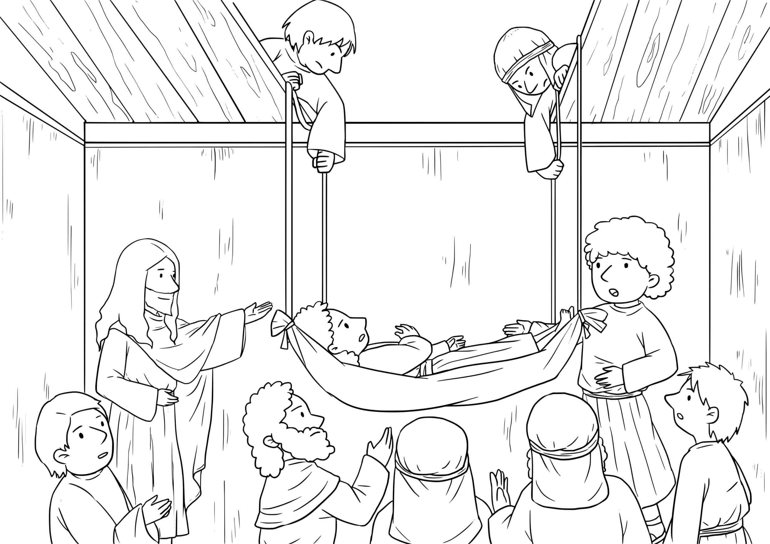 Coloriage Jésus guérissant un paralysé - Scène biblique - Jésus à imprimer