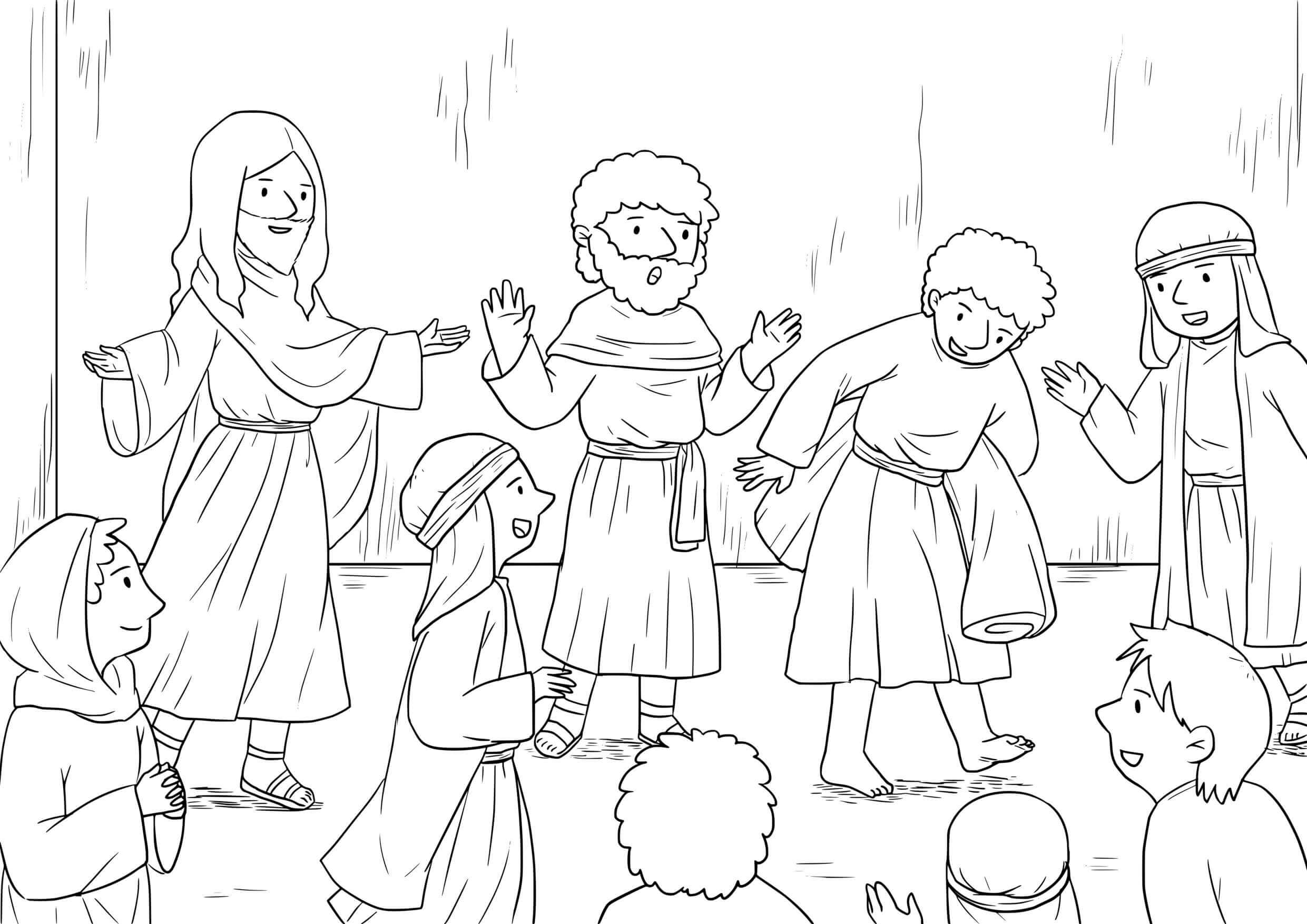 Coloriage Miracle du paralysé - Enseignement de Jésus - Jésus à imprimer