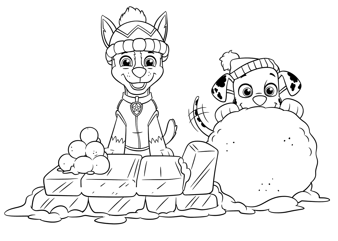 Coloriage Pat Patrouille Ryder Et Marshall Sur Un Lit De Glace Et Boule De Neige - Pat patrouille à imprimer
