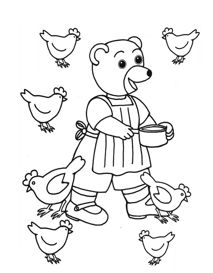 Coloriage Petit Ours Brun Donne A Manger Aux Poules - Poule à imprimer