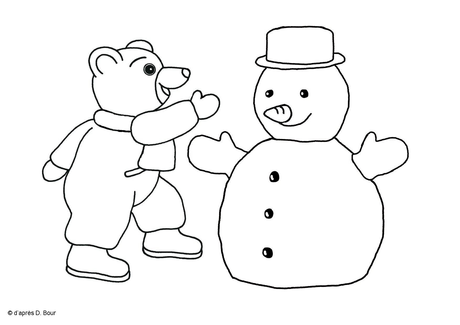 Coloriage Petit Ours Brun construit un bonhomme de neige - Petit ours brun à imprimer