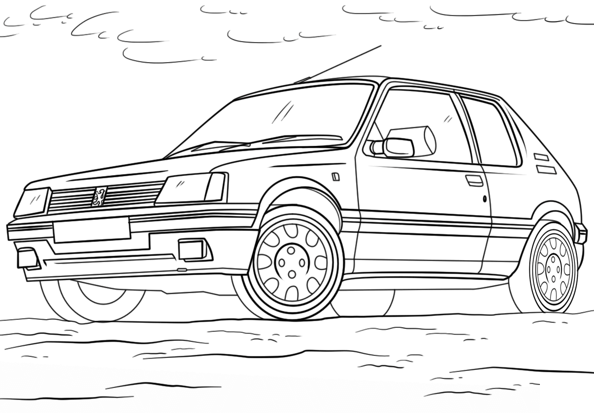 Coloriage Peugeot 205 sportive en pleine route - Voiture à imprimer