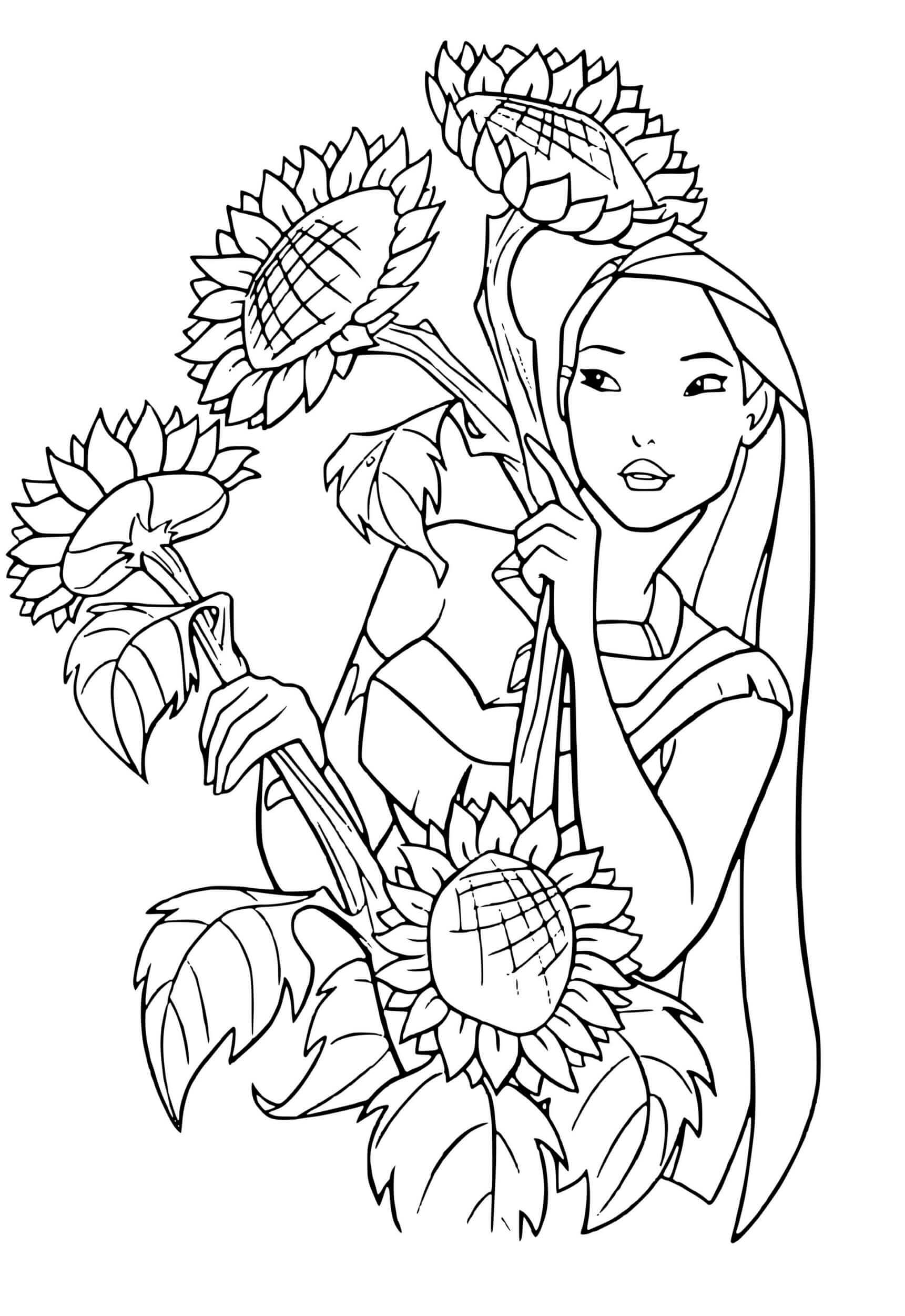 Coloriage Pocahontas Adire Les Fleurs - Pocahontas à imprimer