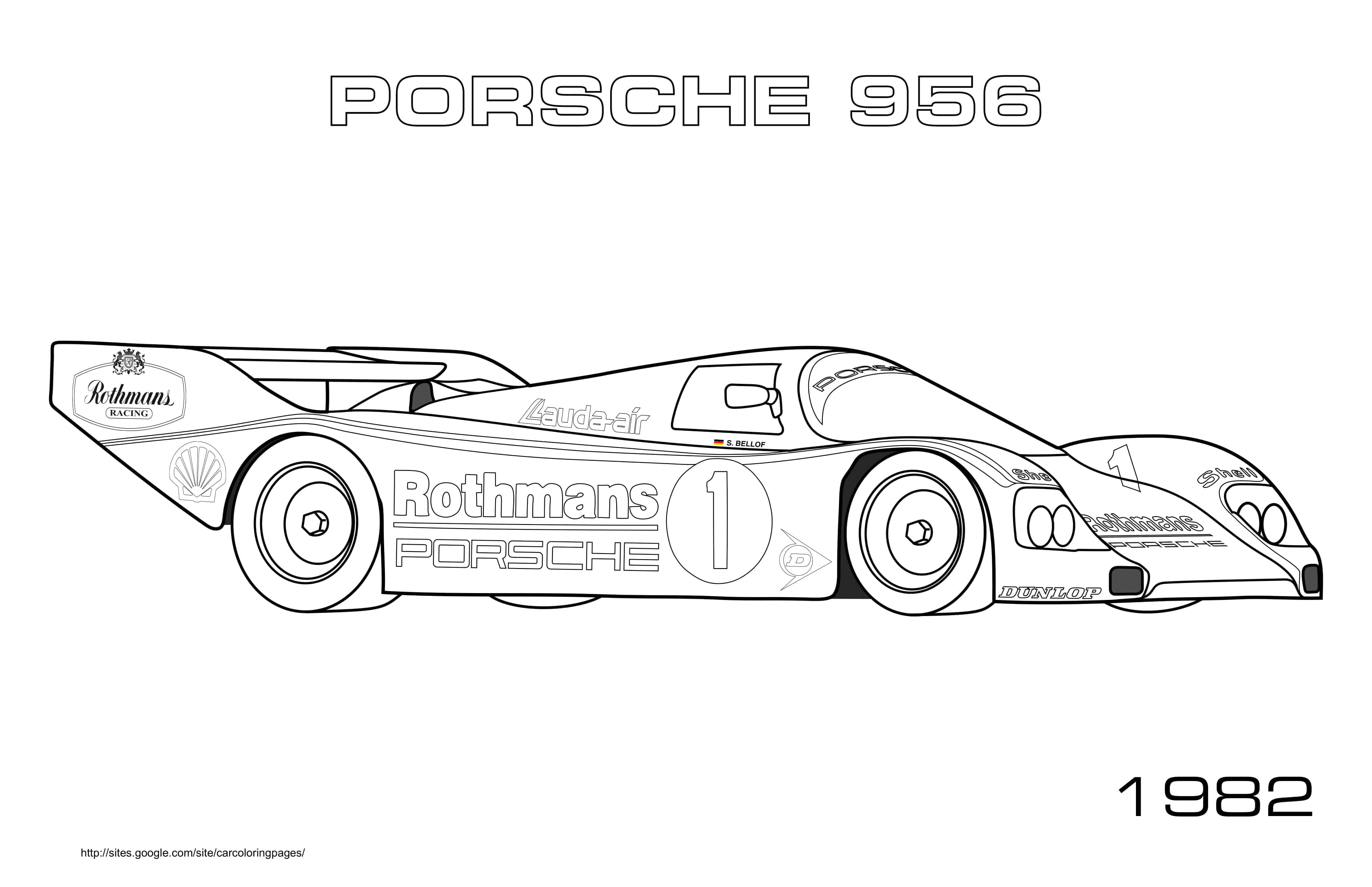 Coloriage Porsche 956 argent en accélération 1982 - Voiture de course à imprimer