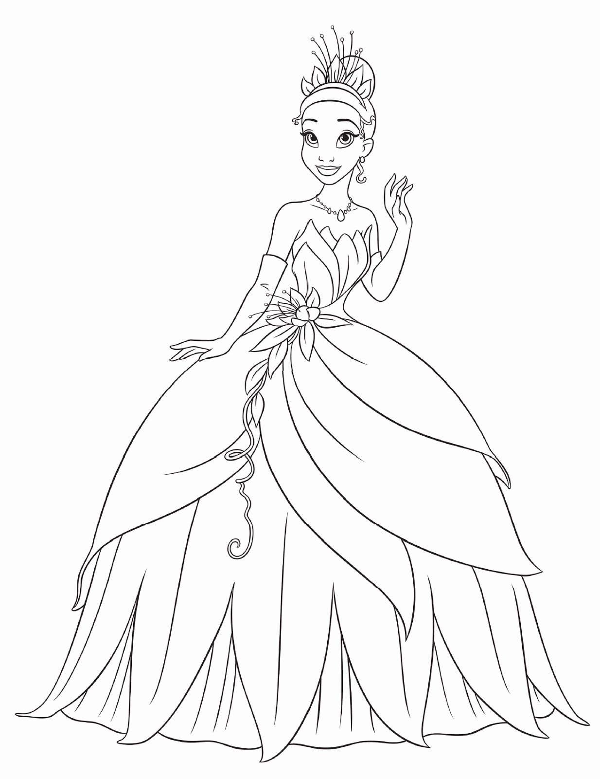 Coloriage Princesse Tiana dans sa robe de bal - Princesse à imprimer