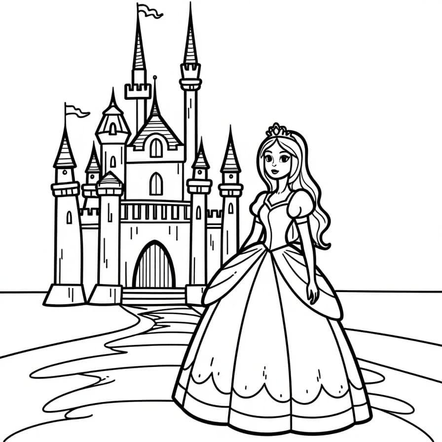 Coloriage Princesse Devant Son Château - Princesse à imprimer