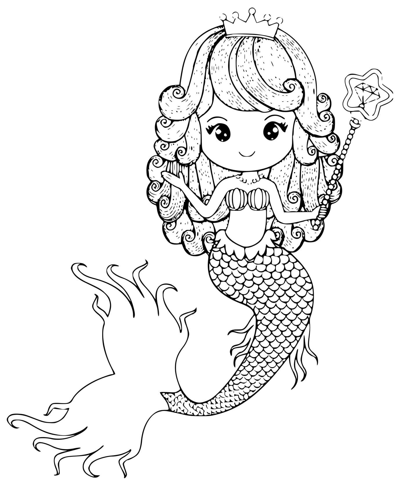Coloriage Princesse Sirène Avec Une Baguette Et Une Couronne - Sirène à imprimer
