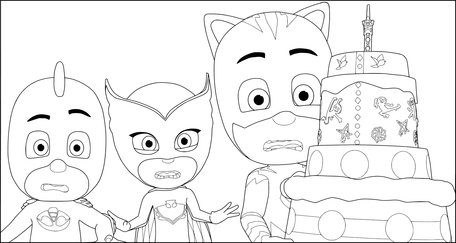 Coloriage Gâteau d'anniversaire Pyjamasques - Pyjamasques à imprimer