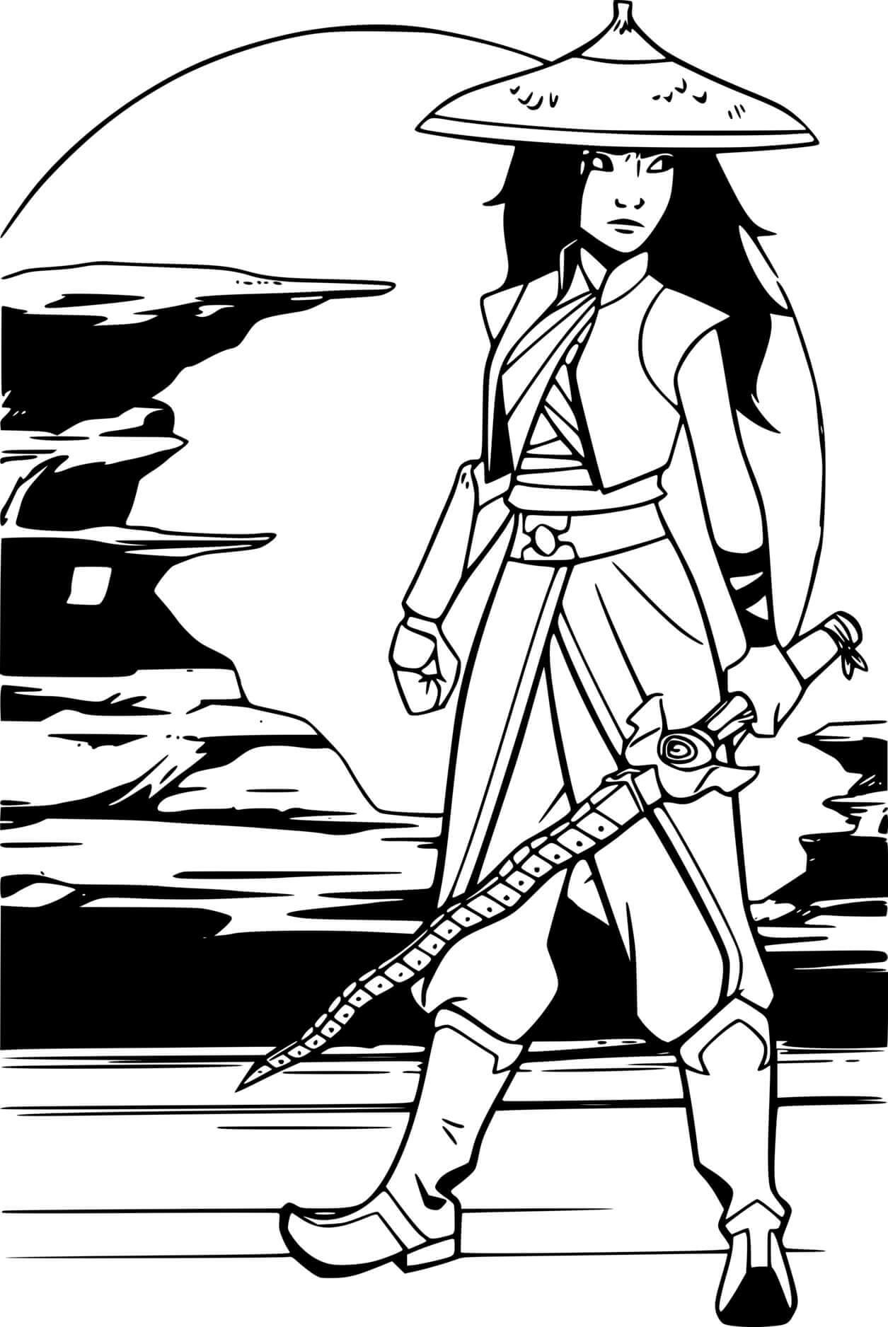 Coloriage Raya brandit son épée légendaire - Raya et le Dernier Dragon à imprimer