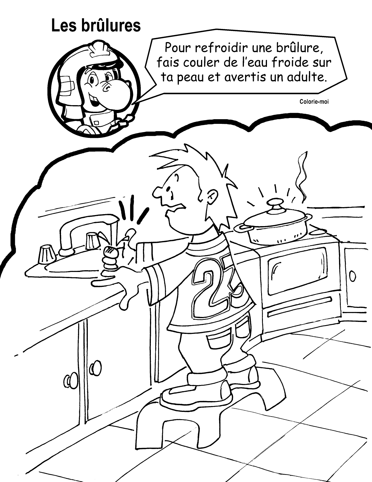 Coloriage Soigner une brûlure avec de l'eau froide - Sécurité à imprimer