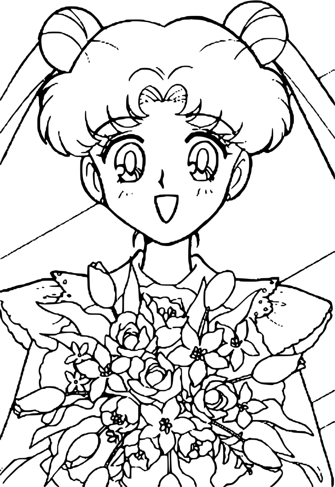 Coloriage Sailor Moon With Flowers - Sailor moon à imprimer