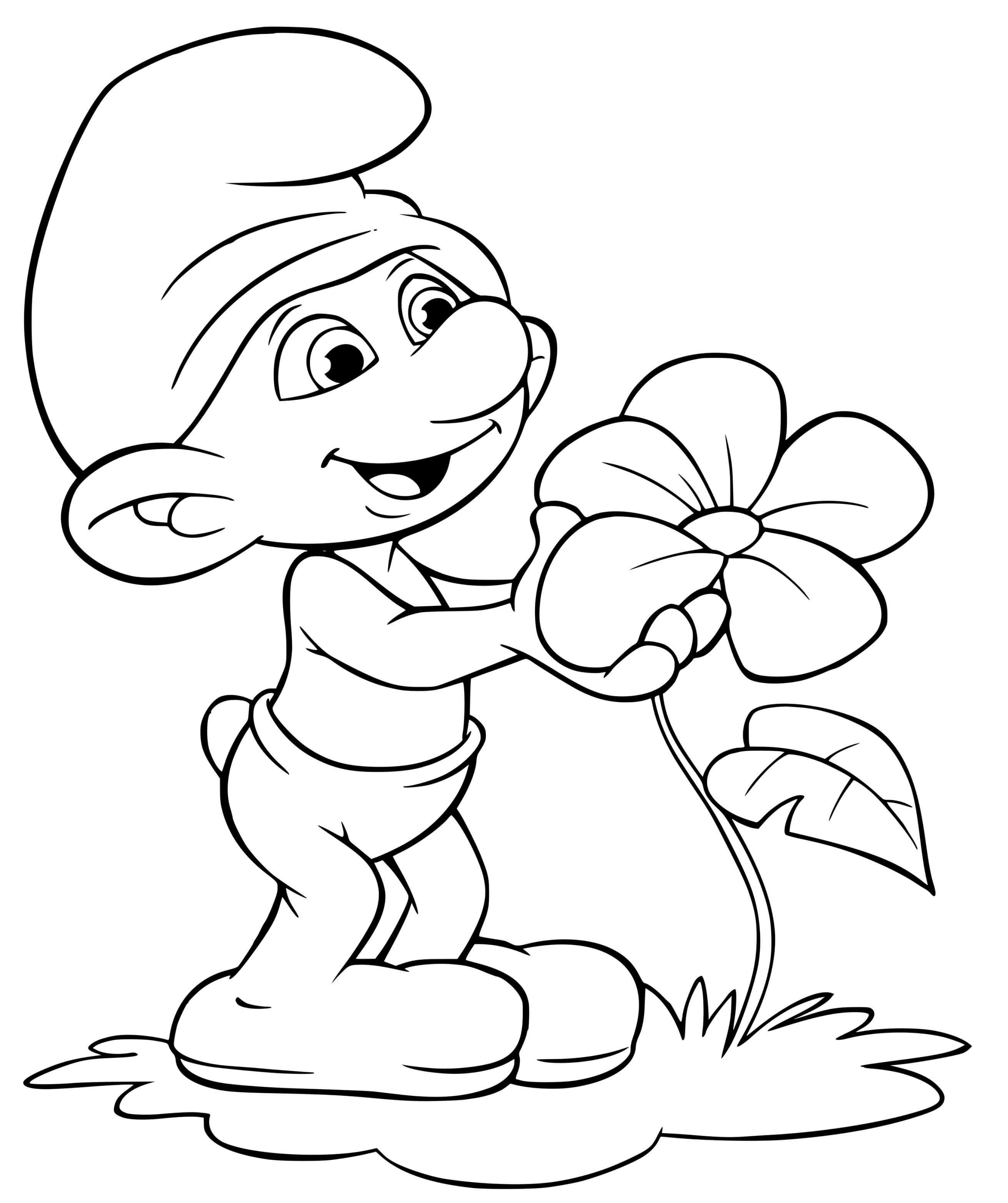 Coloriage Schtroumpf Avec Une Fleur - Schtroumpf à imprimer