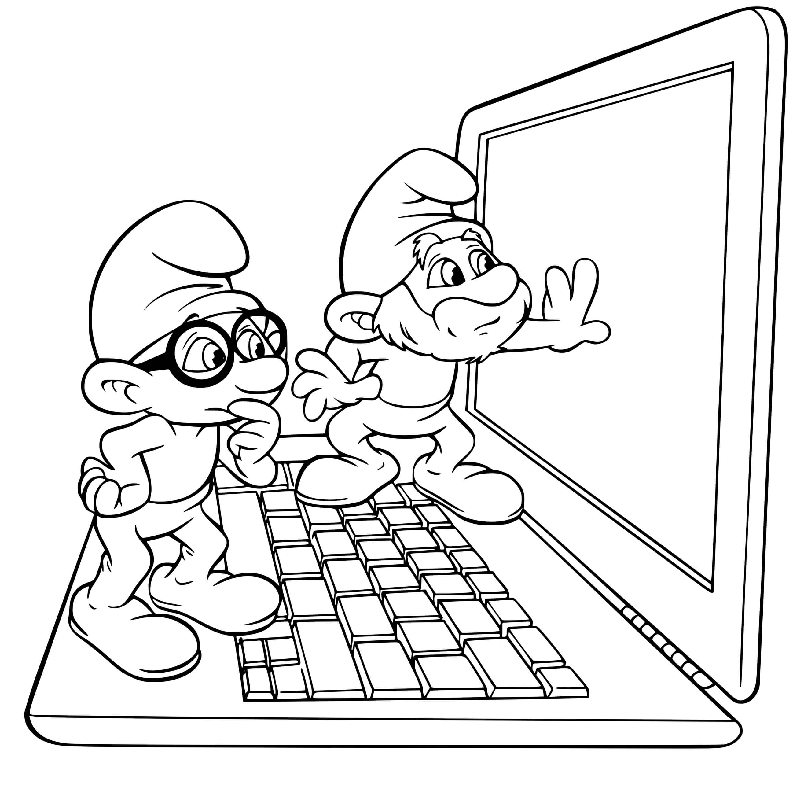 Coloriage Schtroumpf Et Le Grand Schtroumpf Devant Un Ordinateur Laptop - Schtroumpf à imprimer