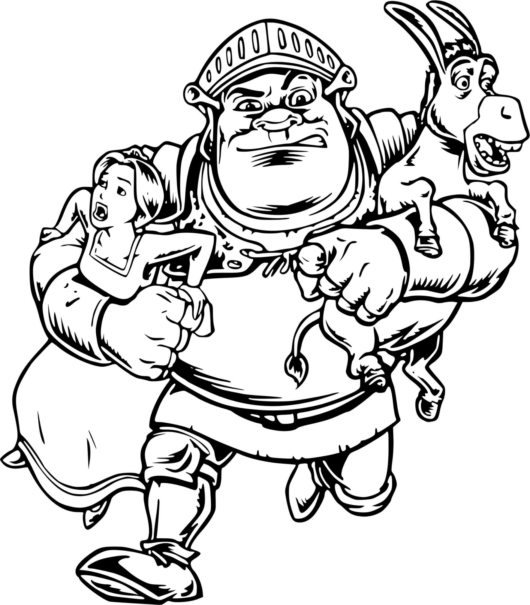 Coloriage Shrek Avec Une Armure Et Fiona Et L'Âne - Shrek à imprimer