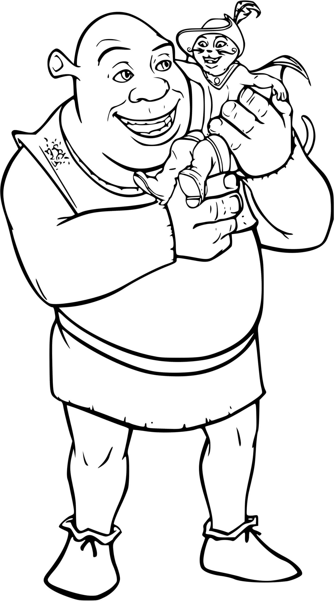 Coloriage Shrek Et Le Chat Potte Dans Ses Bras - Shrek à imprimer