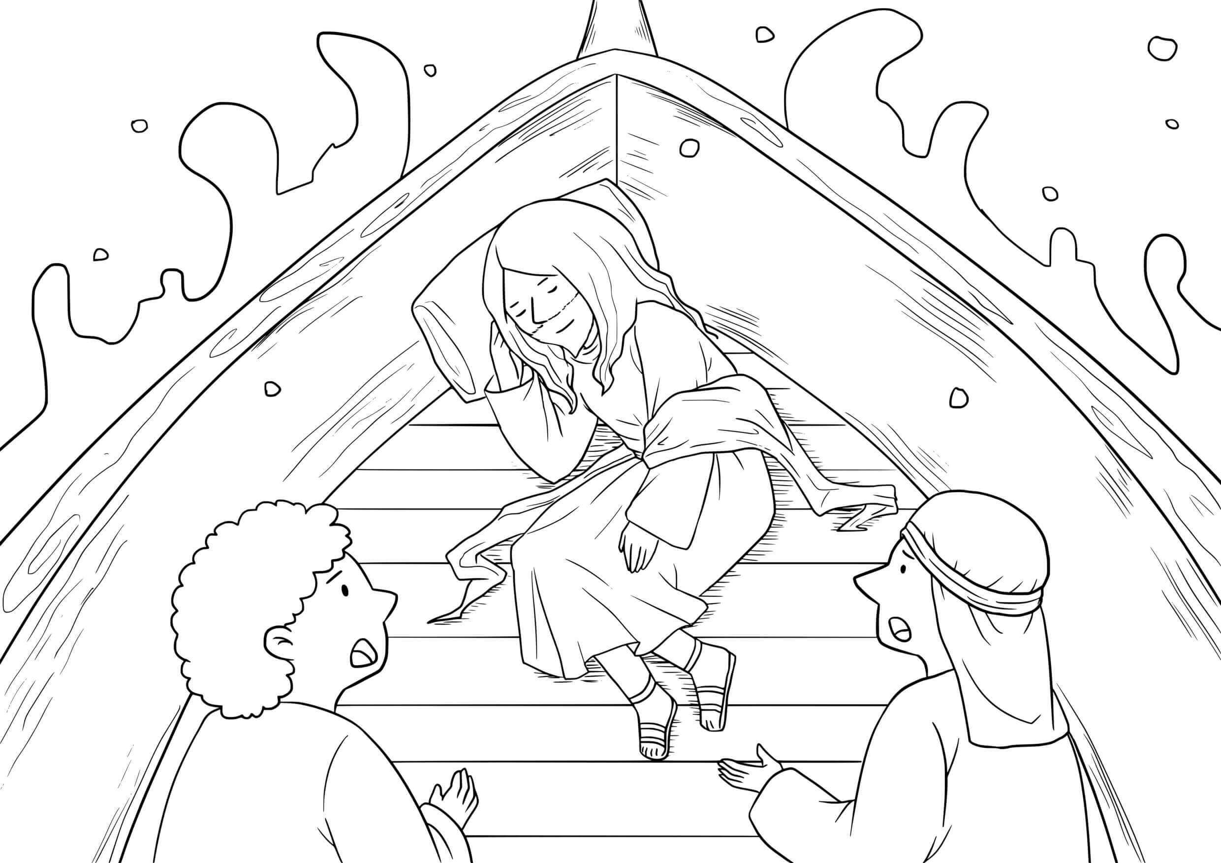 Coloriage Le Seigneur calme les flots déchaînés - Jésus à imprimer