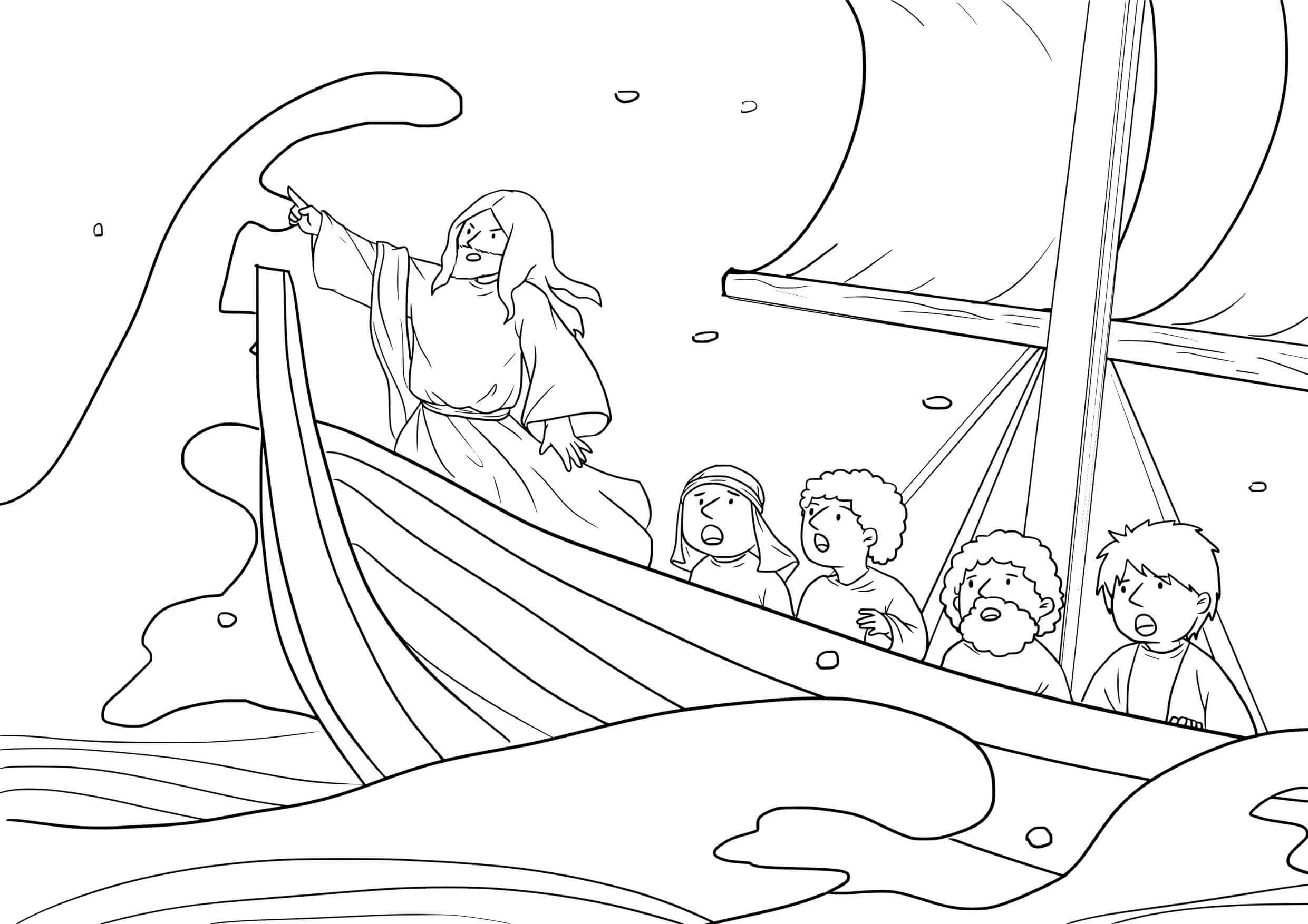Coloriage Jésus apaise la tempête en barque - Jésus à imprimer