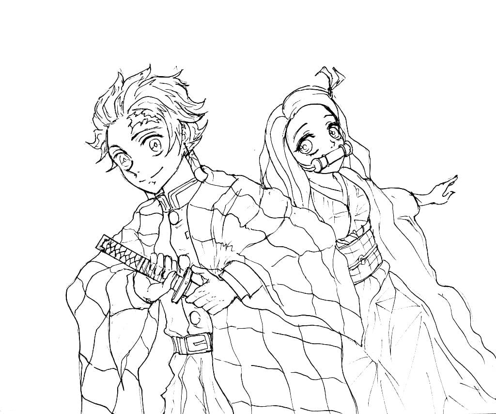 Coloriage Tanjiro et Nezuko Frère et Sœur - Demon slayer à imprimer