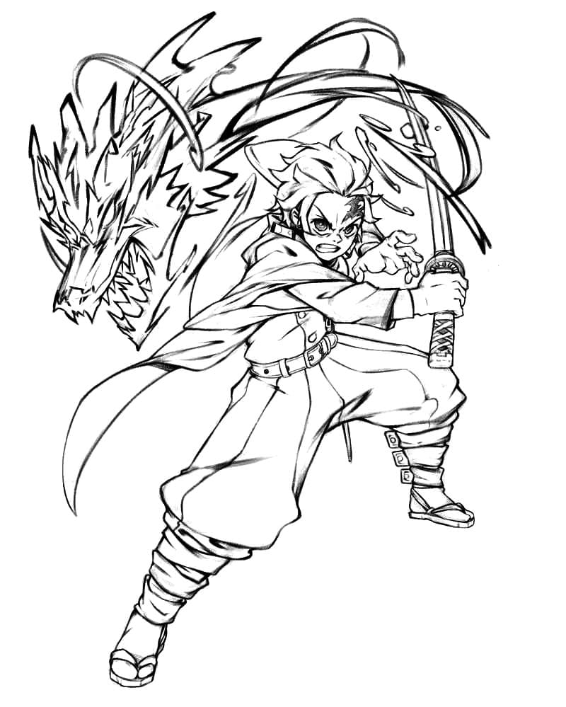 Coloriage Tanjiro Kamado Defends Himself Against Démon Attacks Démon Slayer - Demon slayer à imprimer