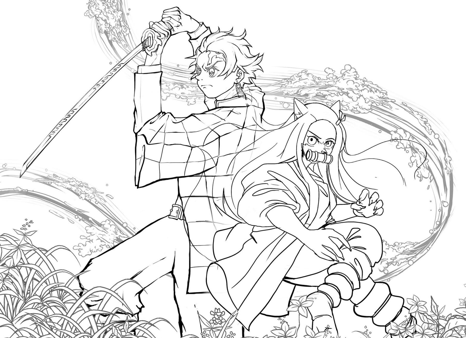 Coloriage Tanjiro And Nezuko In Battle Démon Slayer - Demon slayer à imprimer