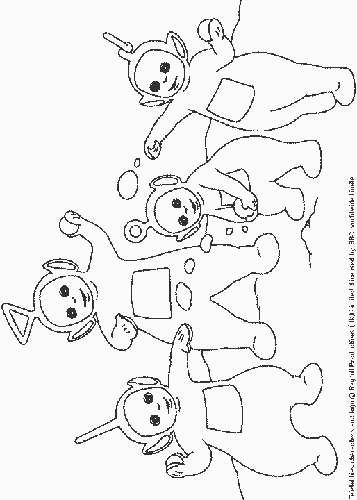 Coloriage Télétubbies jouant ensemble dans Télétubbiland - Teletubbies à imprimer