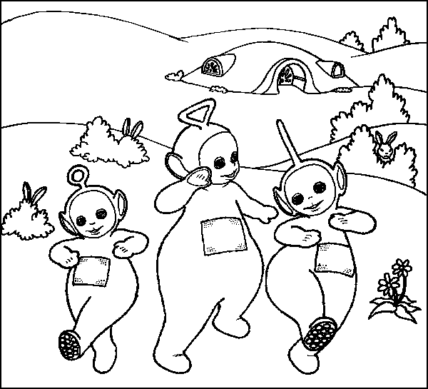 Coloriage Télétubbies jouant ensemble dans Teleyland - Teletubbies à imprimer