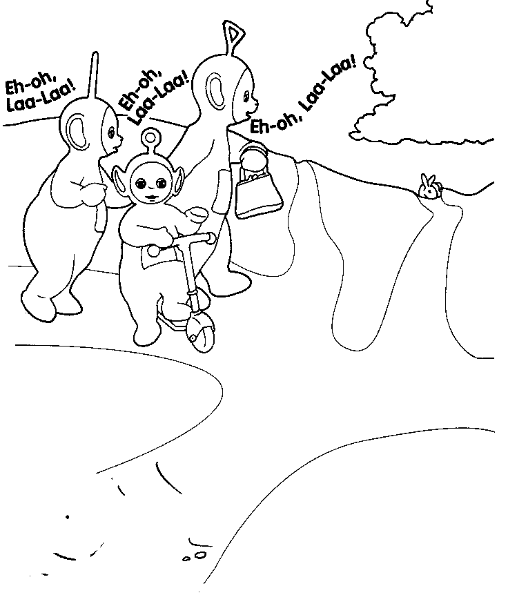 Coloriage Télétubbies explorant Teleyland en groupe - Teletubbies à imprimer