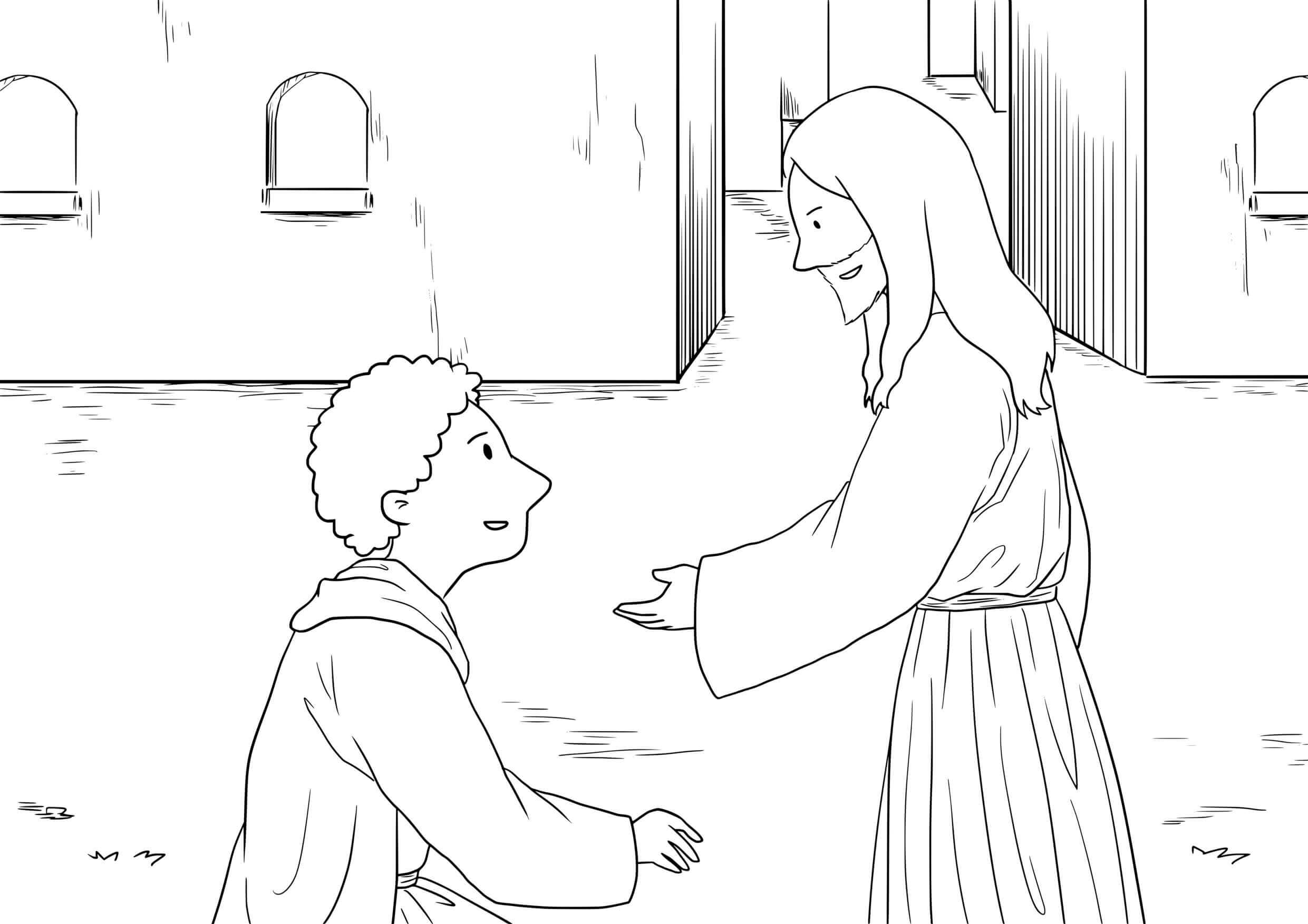 Coloriage Scène biblique des dix lépreux reconnaissants - Jésus à imprimer
