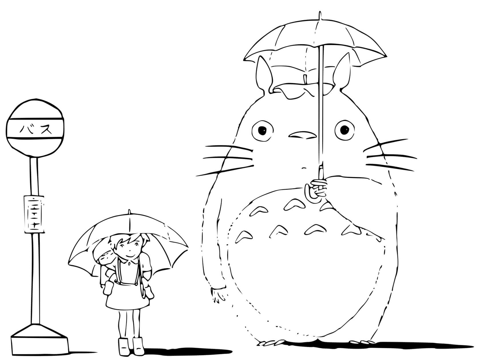 Coloriage Tororo Attend Le Bus - Totoro à imprimer