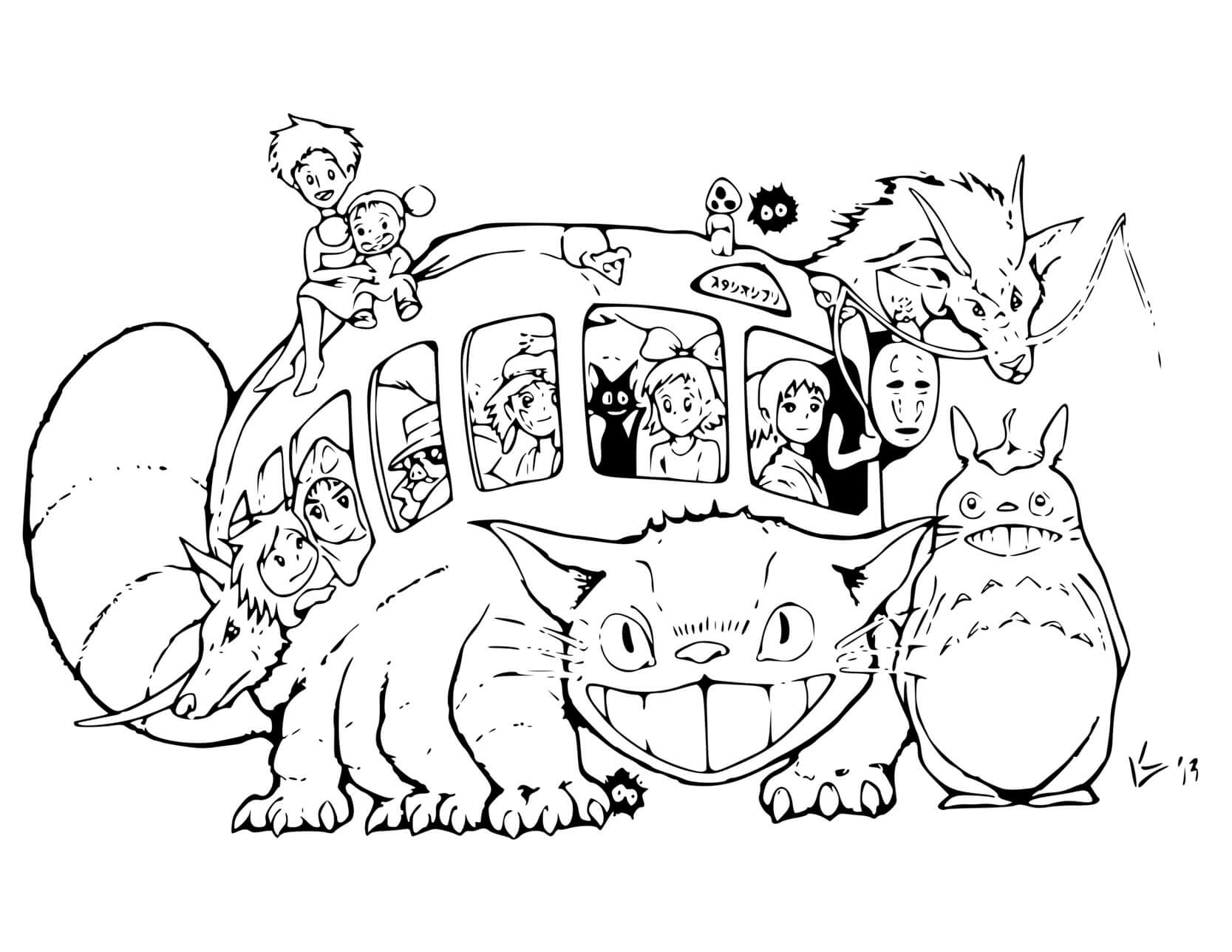 Coloriage Totoro Avec Chat Bus By Studio Ghiblis - Totoro à imprimer
