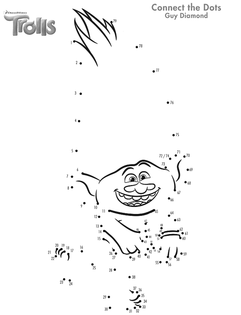 Coloriage Trolls : relie les points du film - Trolls à imprimer