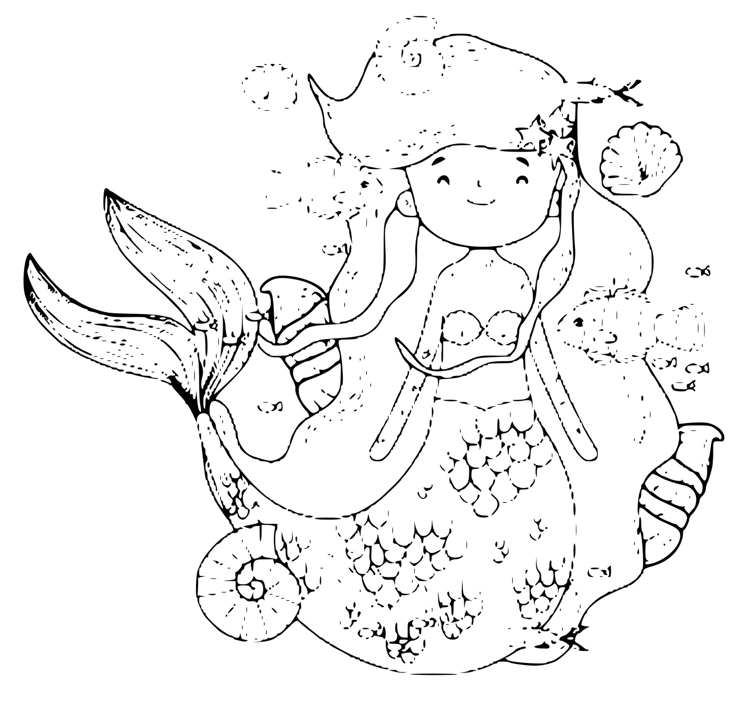 Coloriage Une Douce Petite Sirène Entouree De Poissons Et De Créatures Marines - Sirène à imprimer