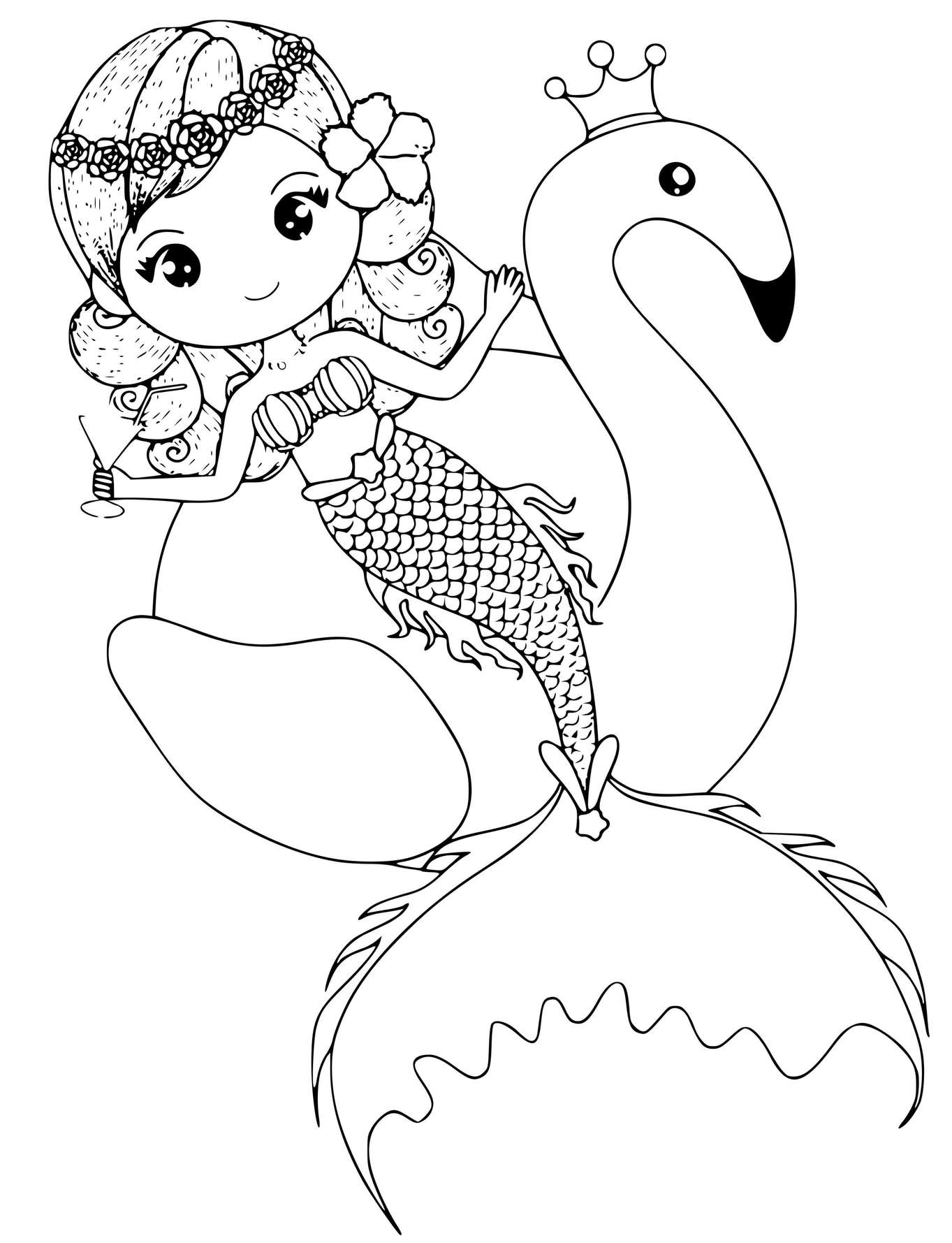 Coloriage Une Gentille Petite Sirène Tropicale Avec Un Flamant - Sirène à imprimer