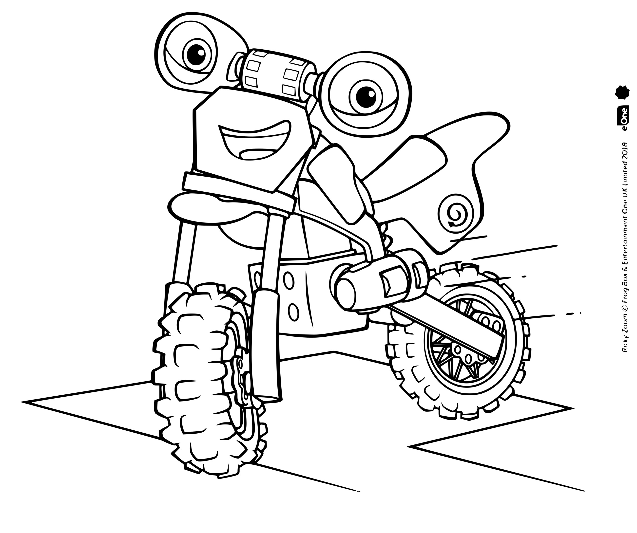 Coloriage Vélo Loop Hoopla Blue Dirt Bike Avec Des Yeux Verts - Ricky zoom à imprimer